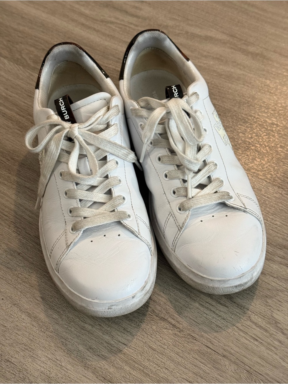 Tory Burch White Leather Low-Top Sneakers with Brown Heel Tab
